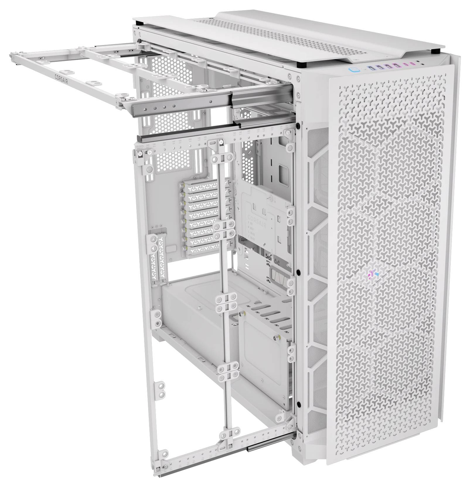 Open, wit computerbehuizing met zichtbare compartimenten en ventilatierooster, geschikt voor krachtige pc-componenten.