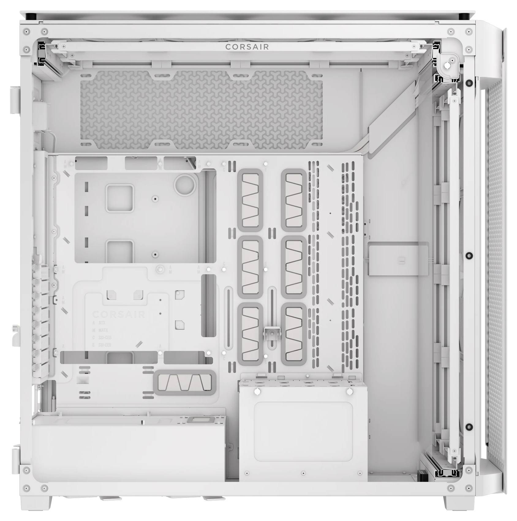 Wit computerbehuizing van binnen, toont ruimte voor moederbord, voeding, koeling en uitbreidingskaarten.
