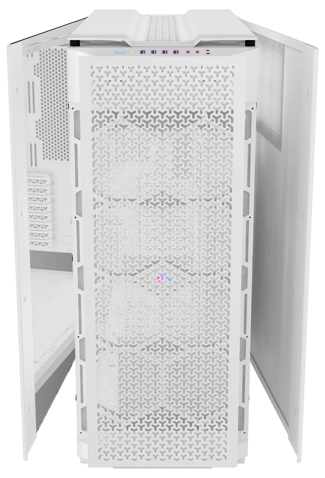 Een witte computerserver met open deuren toont de interne structuur. De voorkant heeft een doorlatend roosterontwerp voor ventilatie.