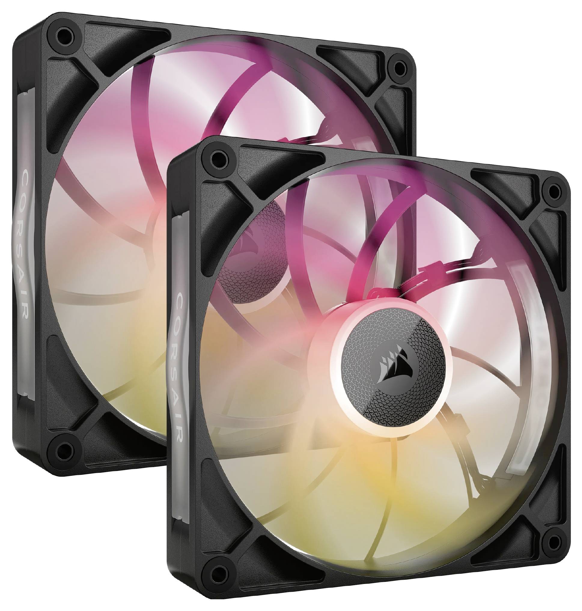 Twee Corsair-computerventilators met RGB-verlichting die in roze en gele tinten oplichten, tonen moderne computerhardware.