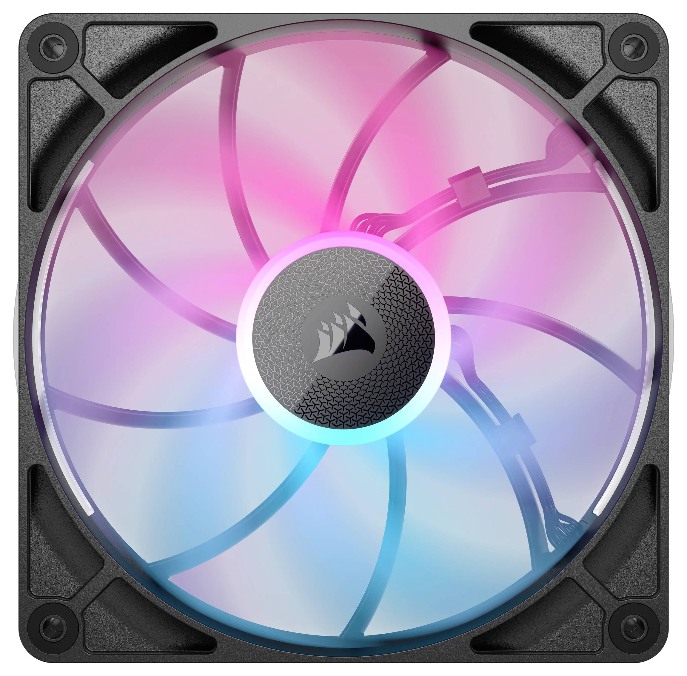 Een verlichte computerventilator in verschillende kleuren (Roze, Blauw, Wit) met een centraal logo in een vierkant frame.