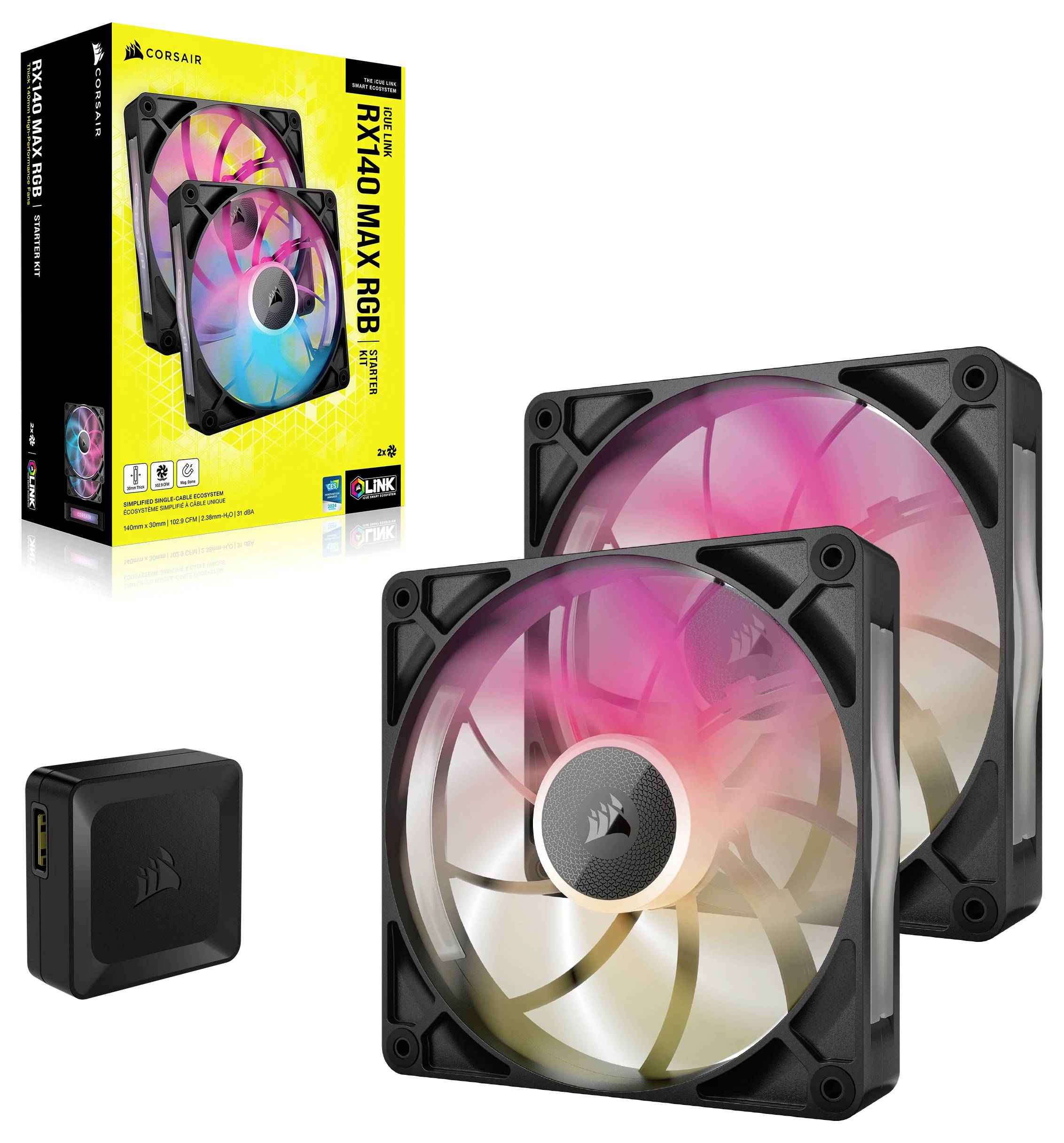 Pc-ventilator met RGB-verlichting. Twee ventilatoren en controller naast de verpakking. Ideaal voor computerkoeling met visuele effecten.