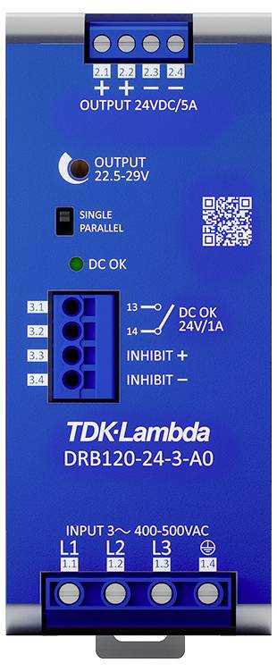 Een blauw voedingsapparaat met de opdruk 'TDK-Lambda DRB120-24-3-A0', levert 24VDC uitgang bij 5A, met een ingangsspanning van 400-500VAC.