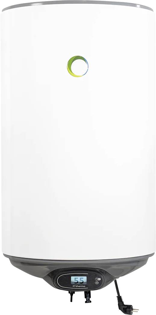 Een witte elektrische boiler met een digitaal display toont 55 graden Celsius aan.