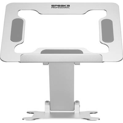 Metalen laptopstandaard met verstelbare hellingshoek, merklogo 'Speaka Professional' bovenaan, voor ergonomisch gebruik.