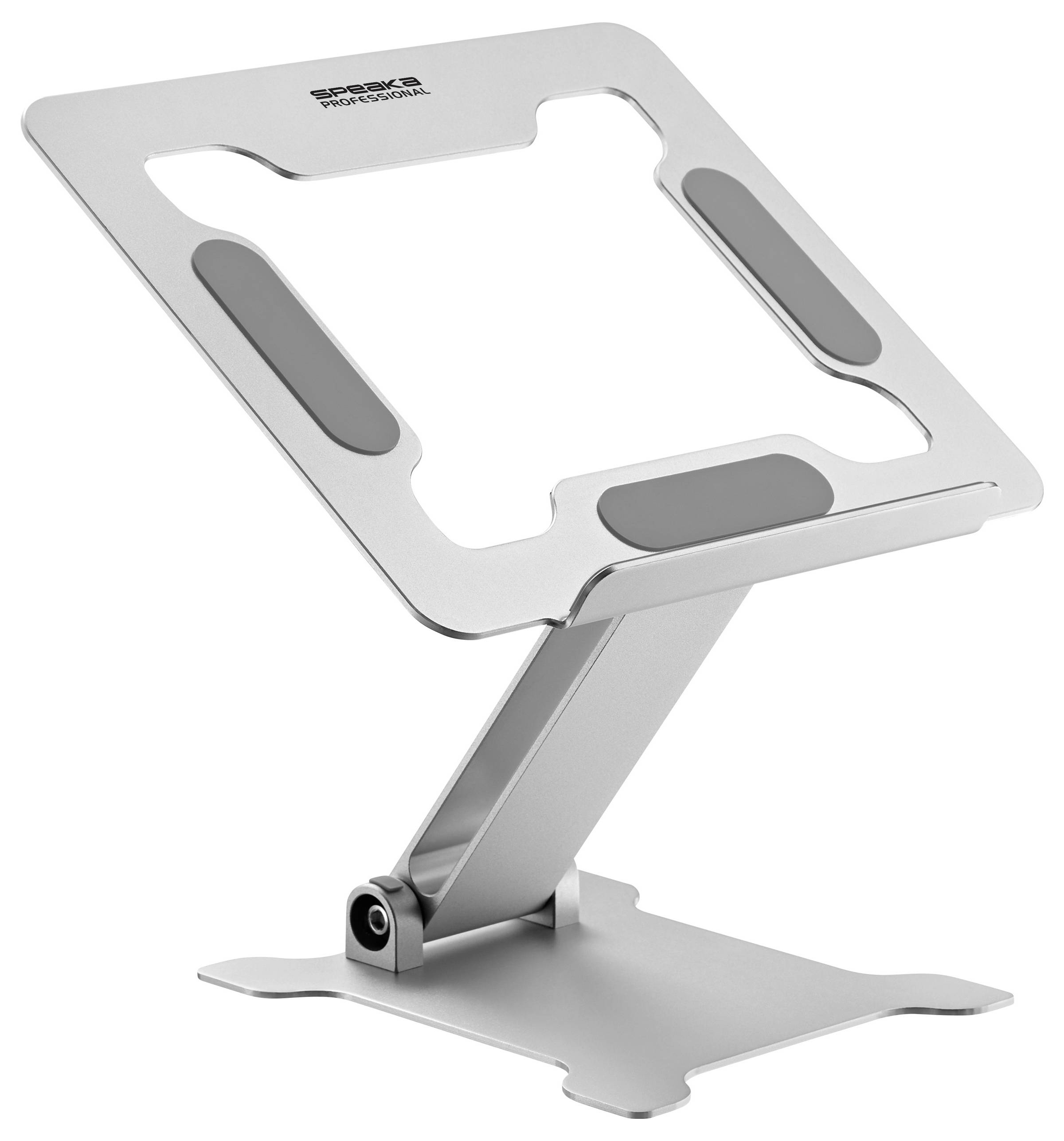 Een verstelbare zilveren laptopstandaard van metaal met antislip siliconen pads op het oppervlak. Ideaal voor het verhogen van apparaten.