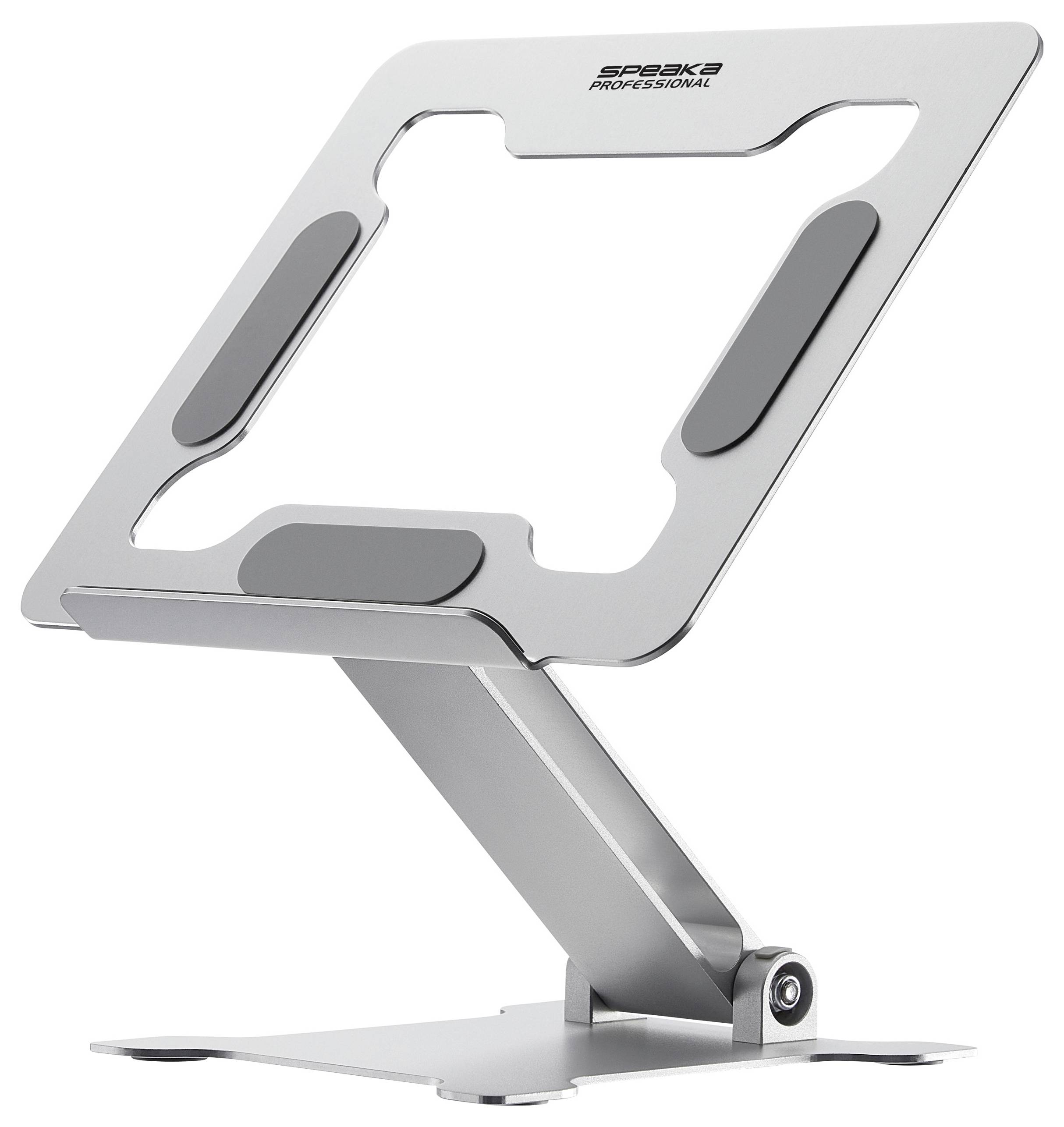 Zilveren, verstelbare laptopstandaard met futuristisch design, zijaanzicht.