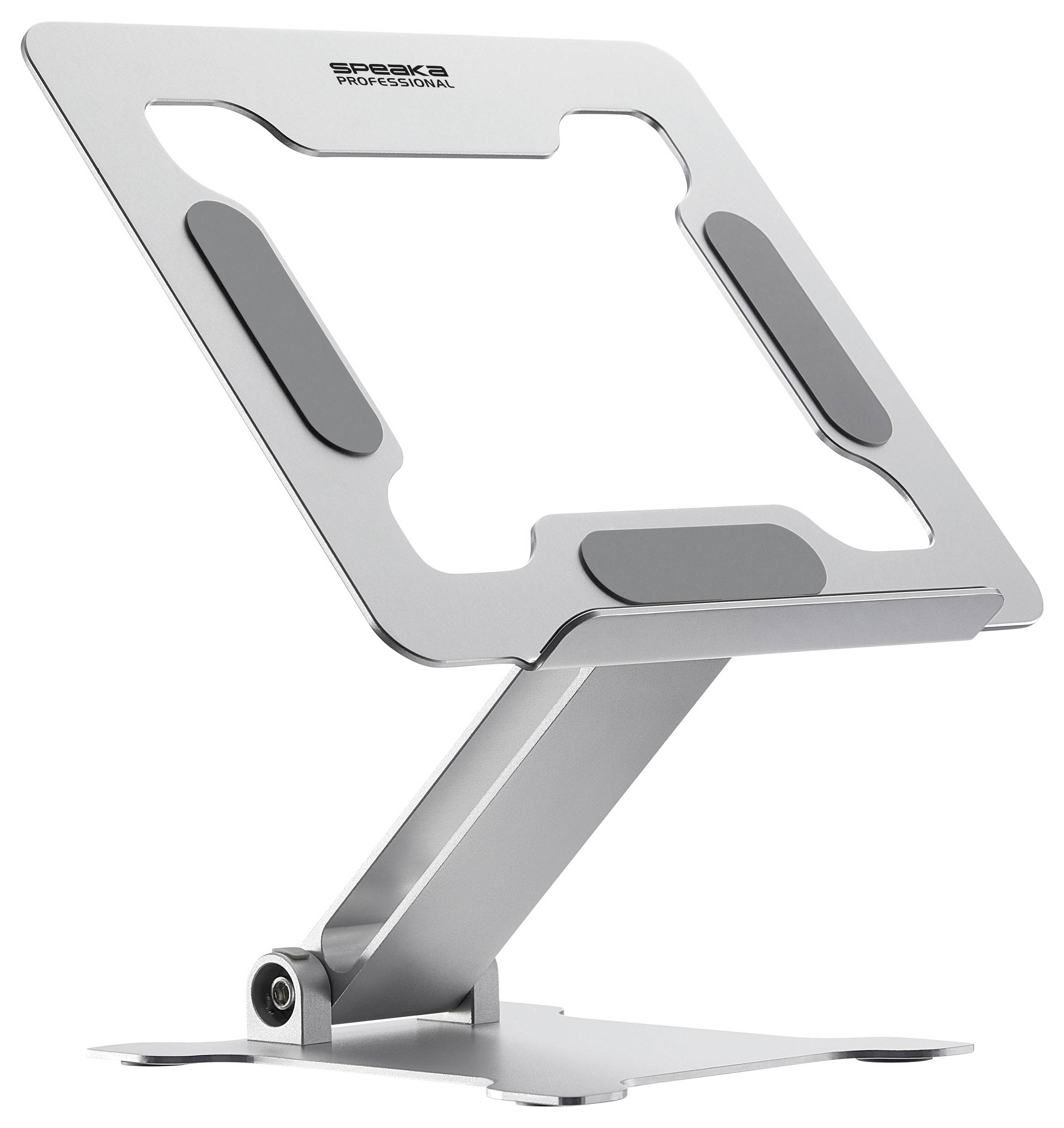 Metalen laptopstandaard met modern design, verstelbaar en geschikt voor ergonomische werkplekken.