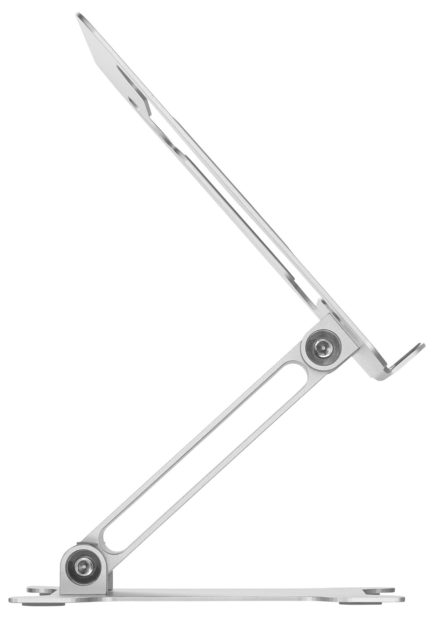 Een verstelbare laptopstandaard van metaal, gezien van opzij, toont zijn constructie met scharnieren en een hellend oppervlak.