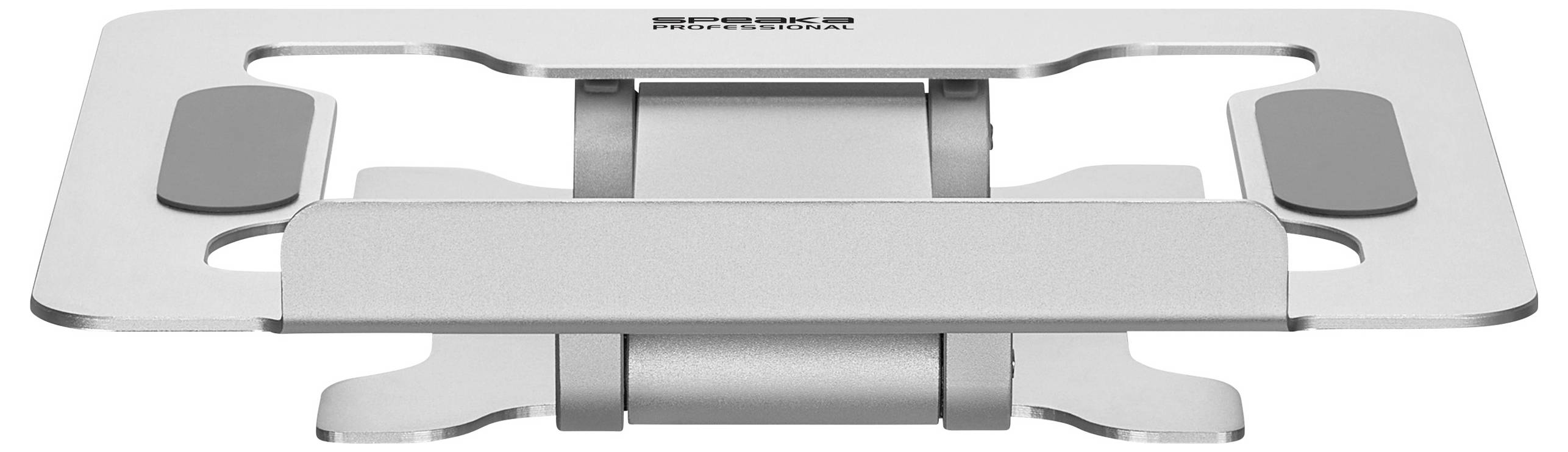 Een opvouwbare zilveren laptopstandaard met ventilatiesleuven en antislip pads. Ideaal voor het verbeteren van de ergonomie.