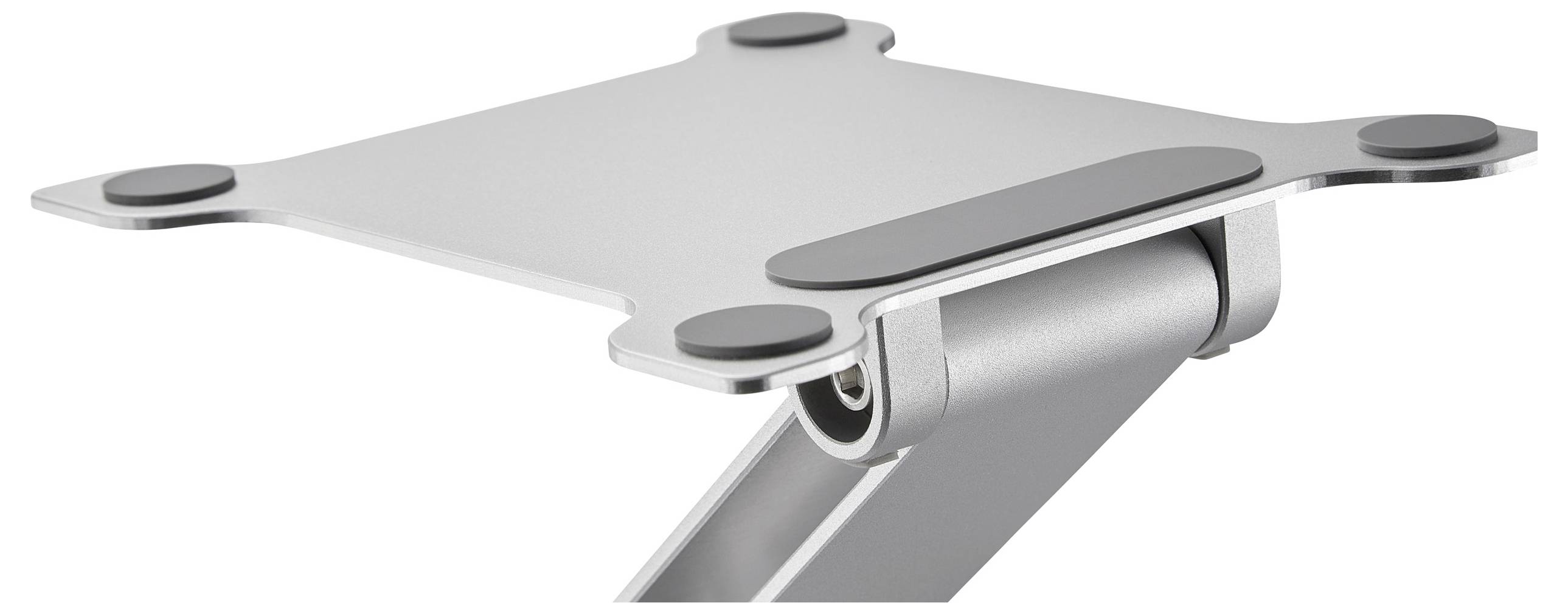 Aluminium laptopstandaard met verstelbare arm en anti-slip rubberen pads in de hoeken voor stabiliteit en bescherming.