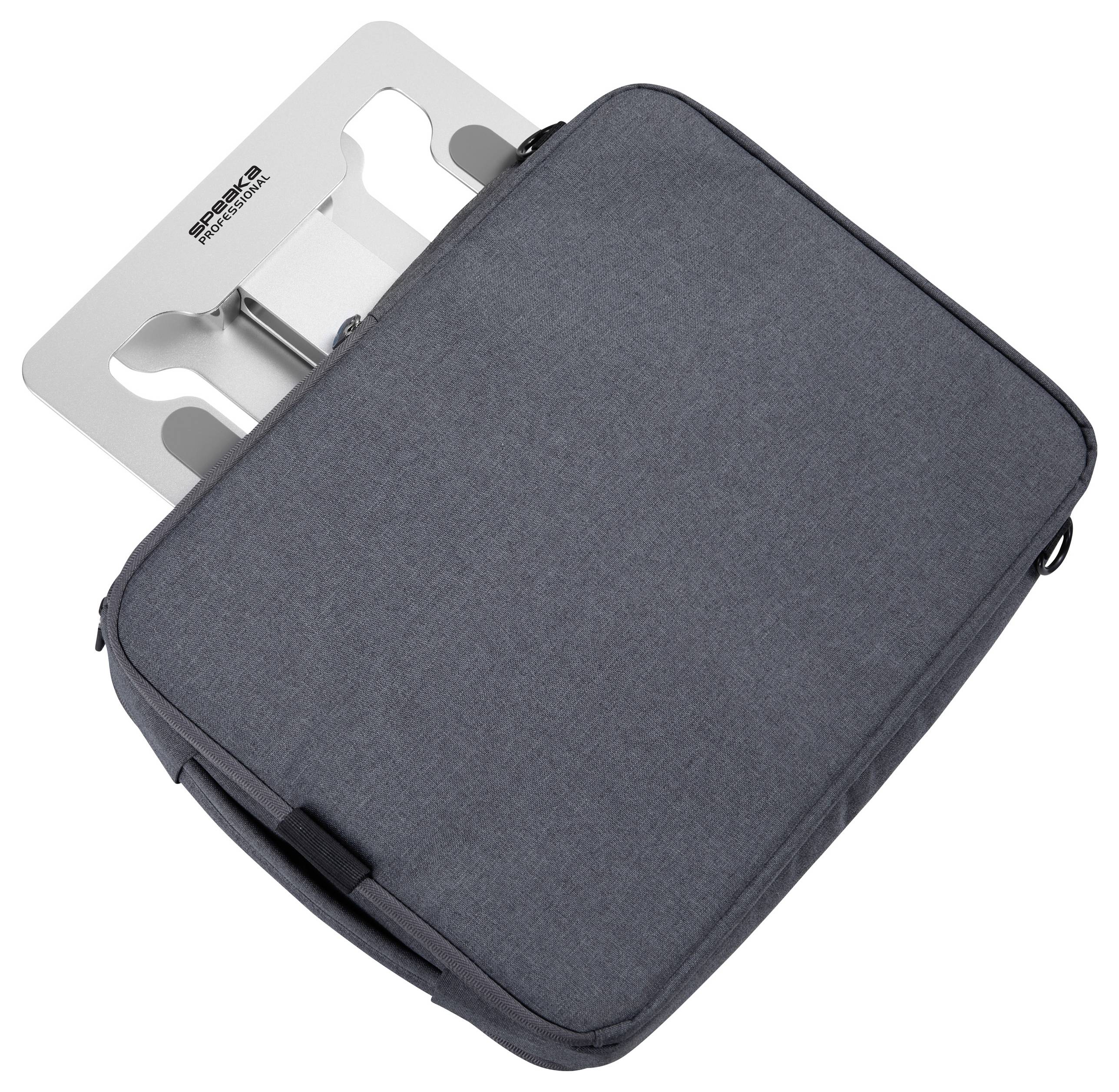 Een grijze, rechthoekige laptopstandaard met stoffen bekleding en vakken. Hij is compact, draagbaar en geschikt voor laptopgebruik onderweg.