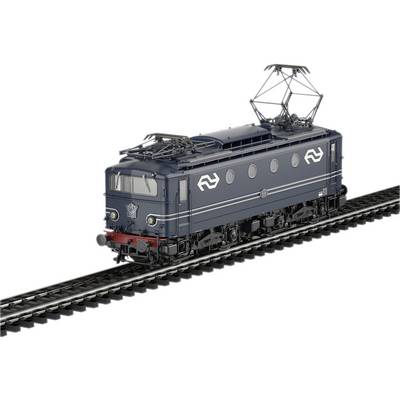 Donkerblauwe elektrische locomotief op een spoorbaan, met kenmerkende afronding en pantograaf.
