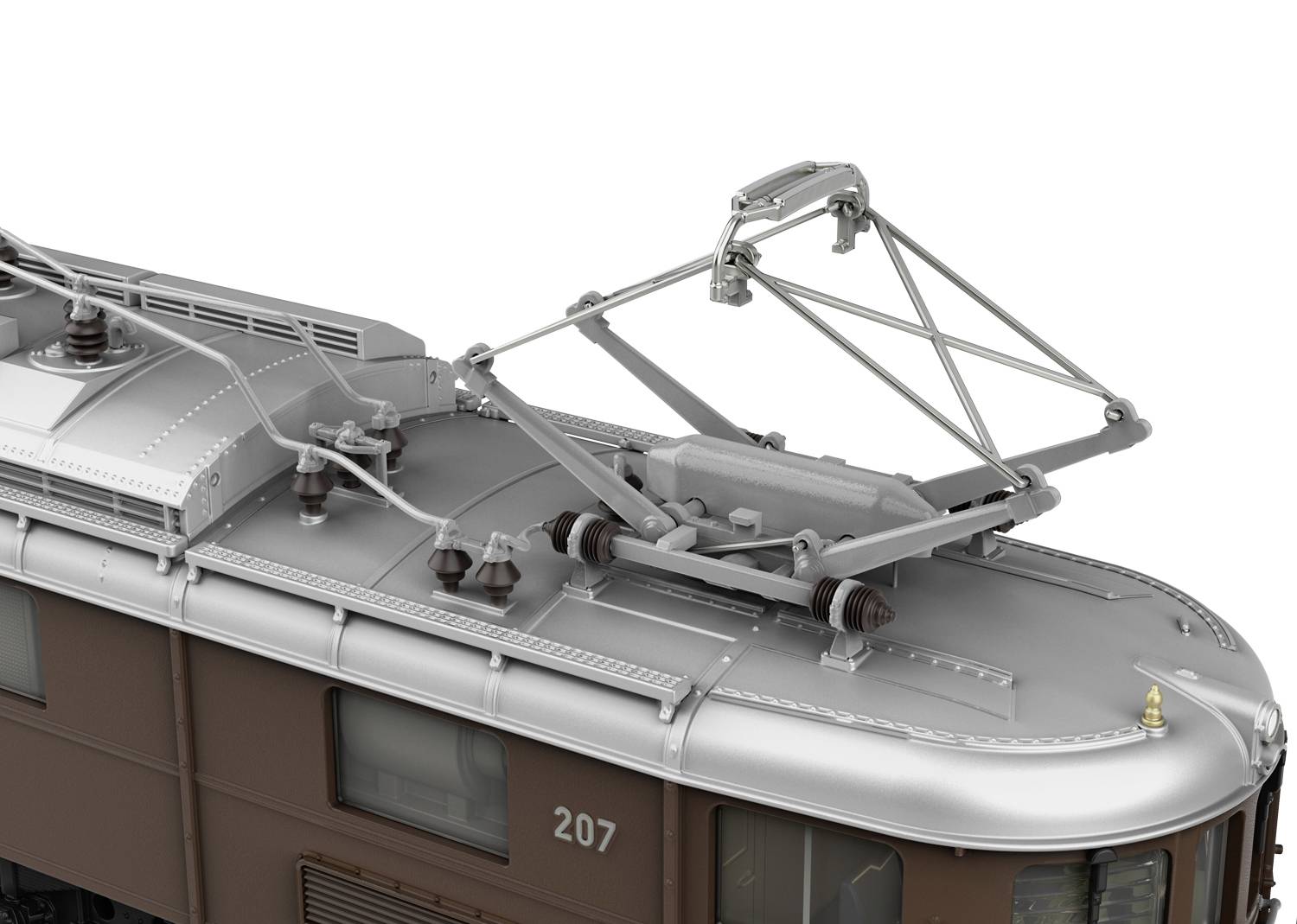 Bovenleiding van een bruine trein met opgeheven stroomafnemer op het dak, detailopname van het dak en het nummer '207' zichtbaar.