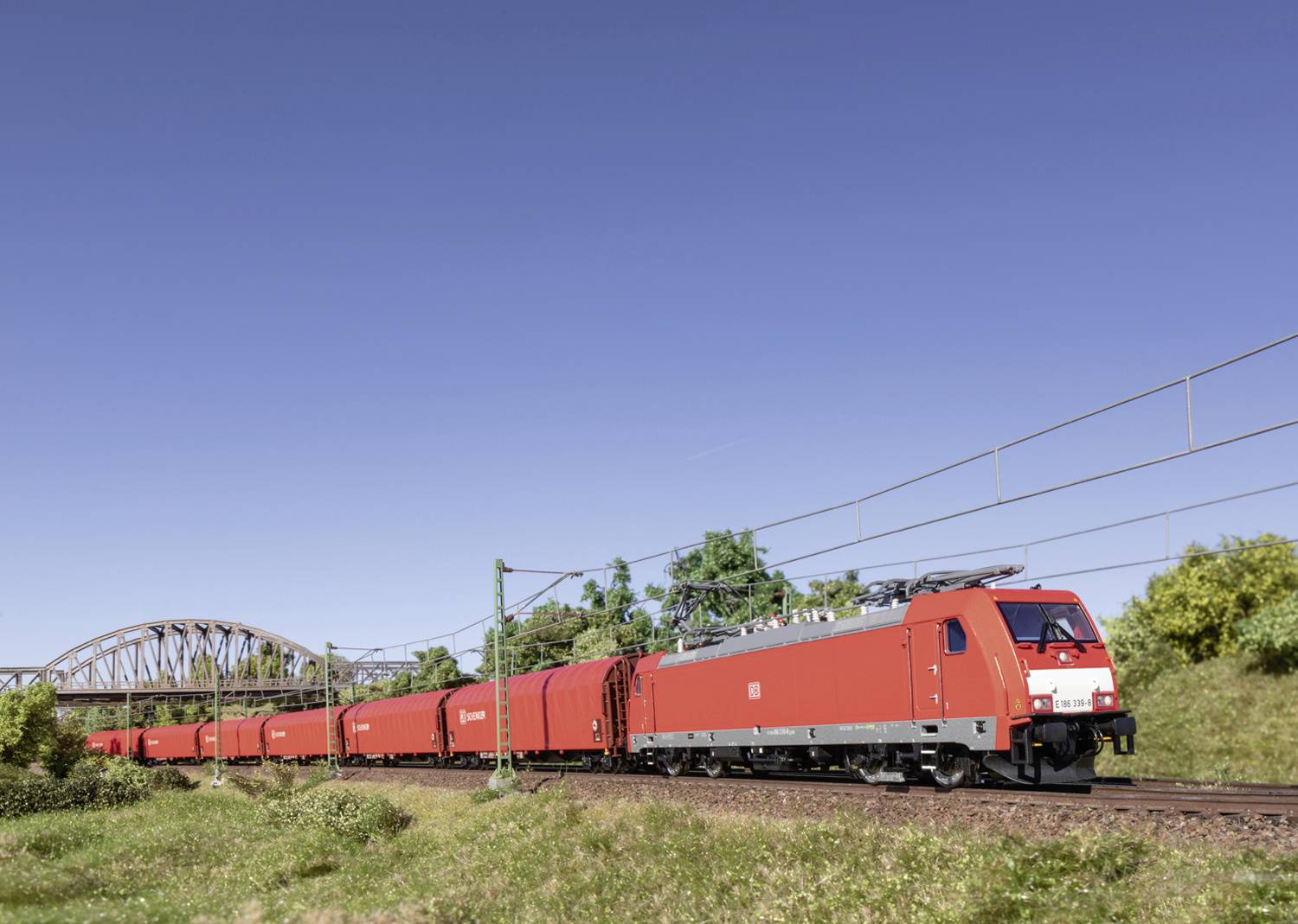 Een rode goederentrein rijdt over een spoortraject onder een blauwe lucht, met op de achtergrond een brug en groene vegetatie.