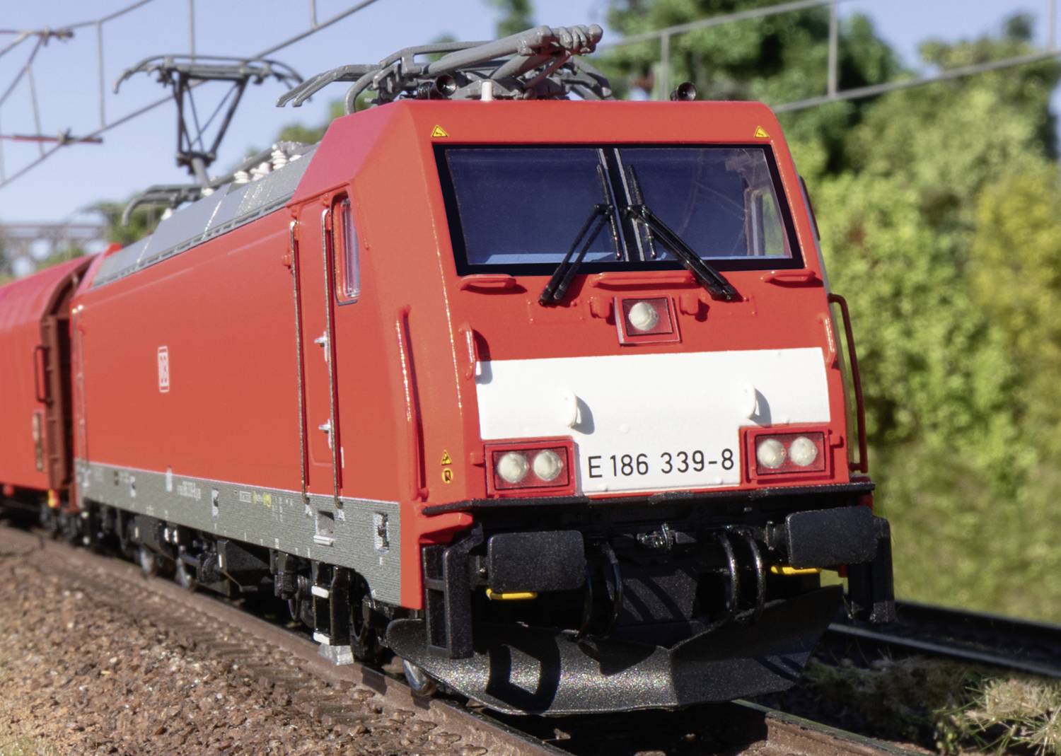 Rode goederentrein rijdt over sporen door groene landschap. Locomotief heeft het nummer 'E 186 339-8' en is aangesloten op bovenleiding.
