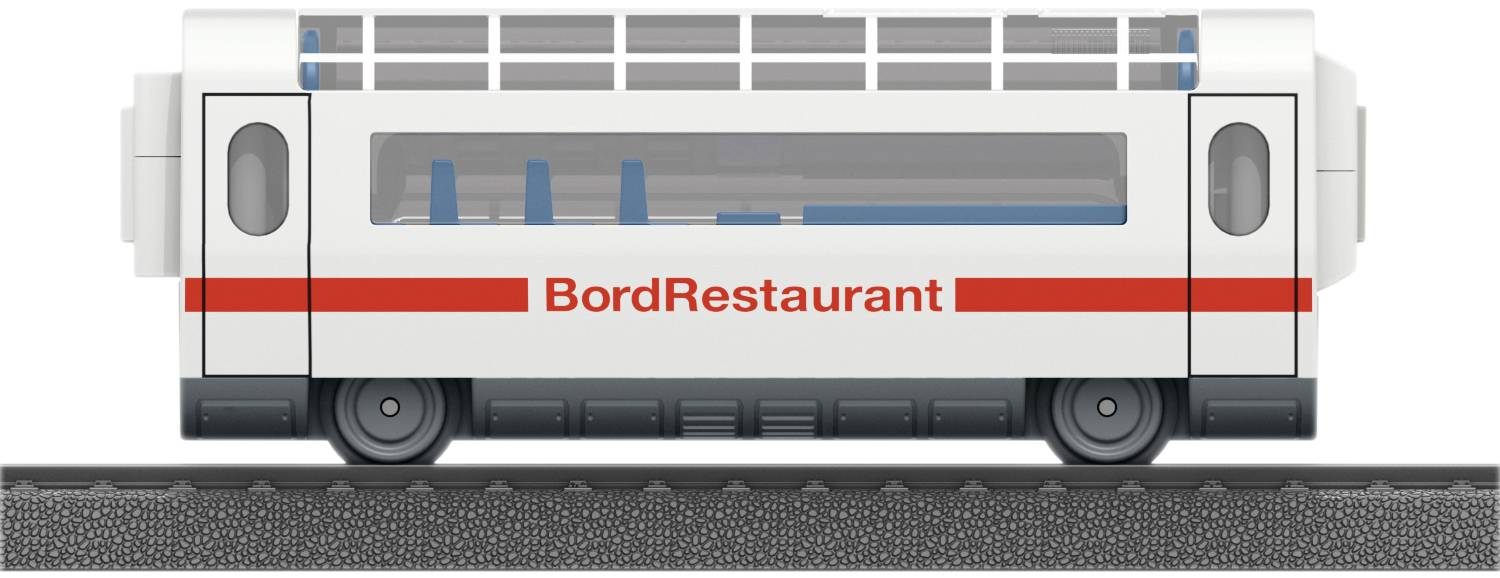 Speelgoedtreinwagen met het opschrift 'BoordRestaurant'. Wit met rode strepen, transparante ramen, geplaatst op rails.