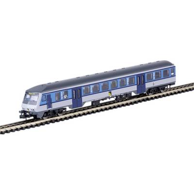 Een blauw-grijze modeltrein op rails. Opschrift 'Streekvervoer' aan de voorkant. Rijen ramen aan de zijkanten tonen symbolen voor fietsvervoer.