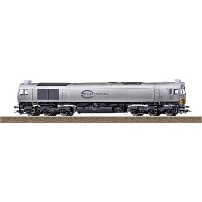 Grijze goederentreinlocomotief-model met 'Euro Cargo Rail'-logo aan de zijkant, staand op een spoor.