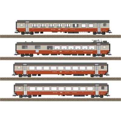 Vier treincoupés in klassiek Zwitsers design, inclusief een restauratiewagen, in rood-bruine kleurstelling op een spoor.