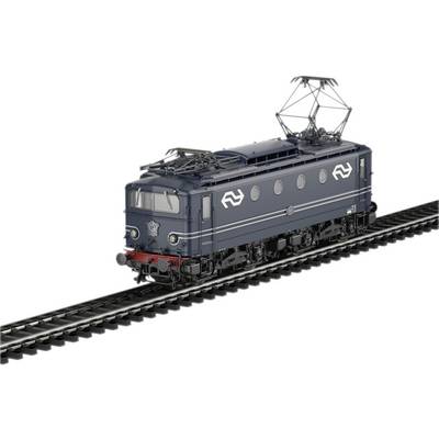 Blauw-grijze modellocomotief met stroomafnemers op een spoor, elektrische locomotiefuitvoering, versierd met het logo van de spoorwegmaatschappij.