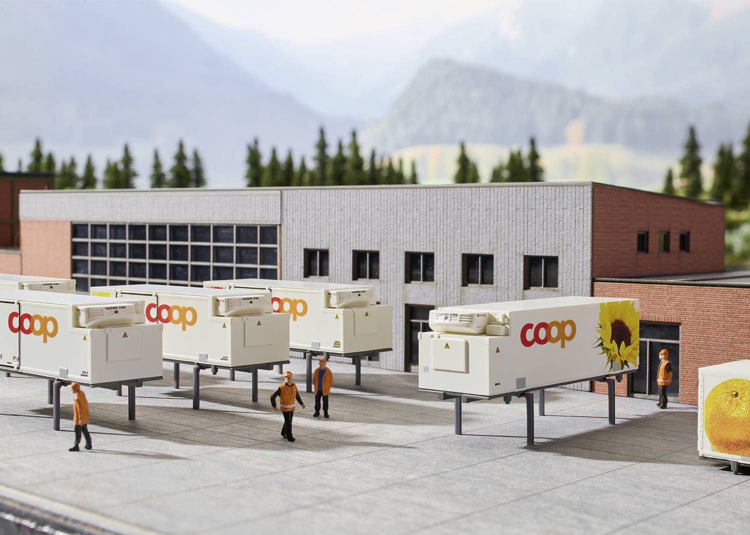Verschillende miniatuurmodellen van bestelwagens met het 'coop'-logo staan voor een gebouw in een schilderachtig berglandschap.