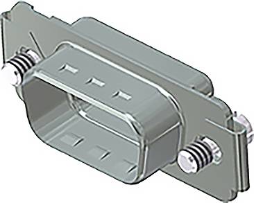 Een rechthoekig, metallisch verbindingselement met zijdelingse schroeven en een opening in het midden, gebruikt voor elektronische verbindingen.