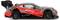 Een rood speelgoed racewagen model met een zwarte achterspoiler en het nummer '23' aan de zijkant, versierd met verschillende logo's.