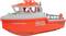 Een rood en grijs model van een speedboot met de opschrift 'SNIG' op de zijkant, ontworpen voor internationaal waterverkeer.