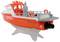 Een model van een snelheidsboot met het opschrift 'SNIG'. De boot is oranje en wit, met twee reddingsringen aan de zijkanten.