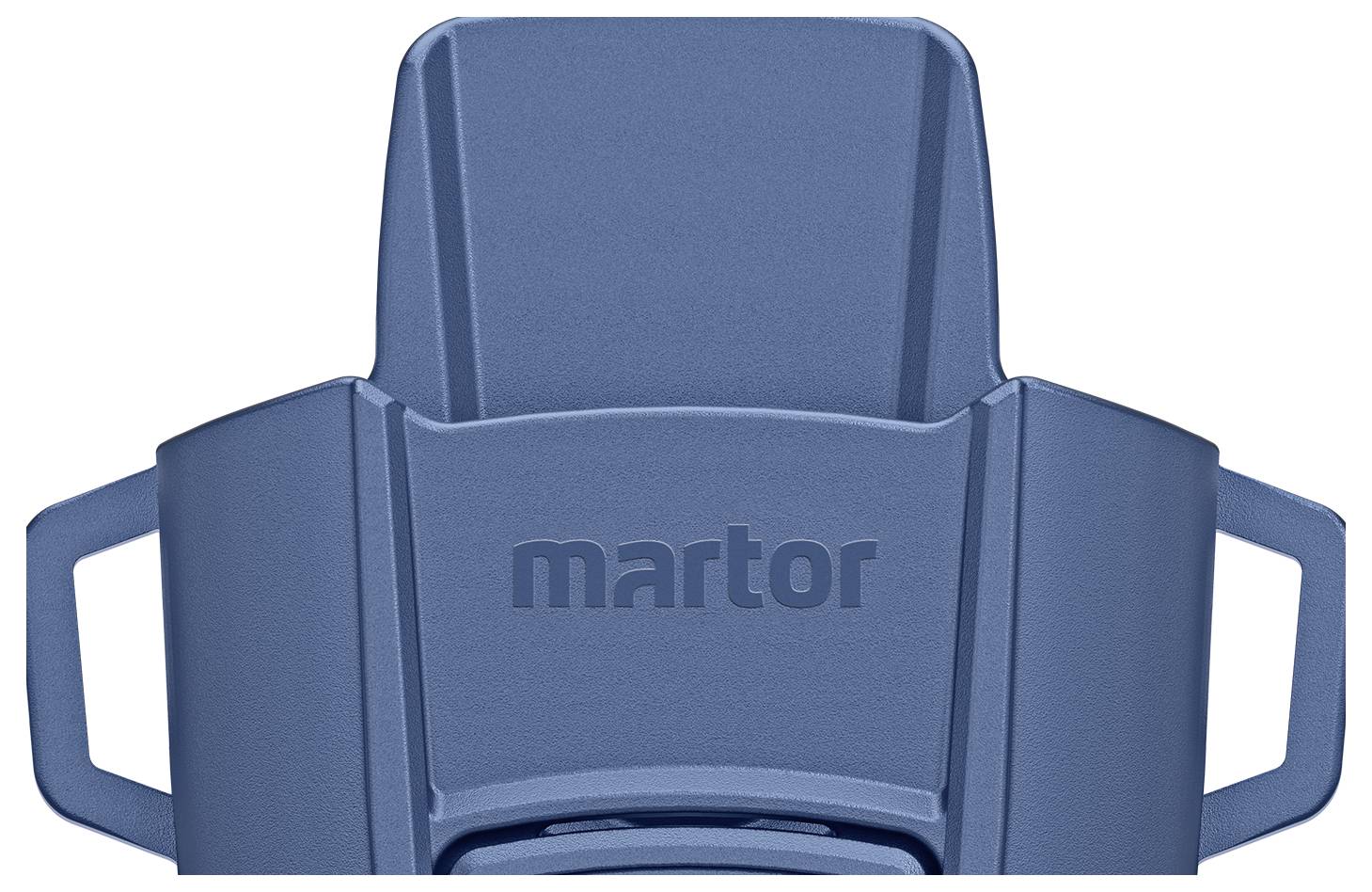 Blauwe meshouder met 'martor'-logo, geschikt voor veilige opslag van messen, voorzien van zijdelingse handgrepen.