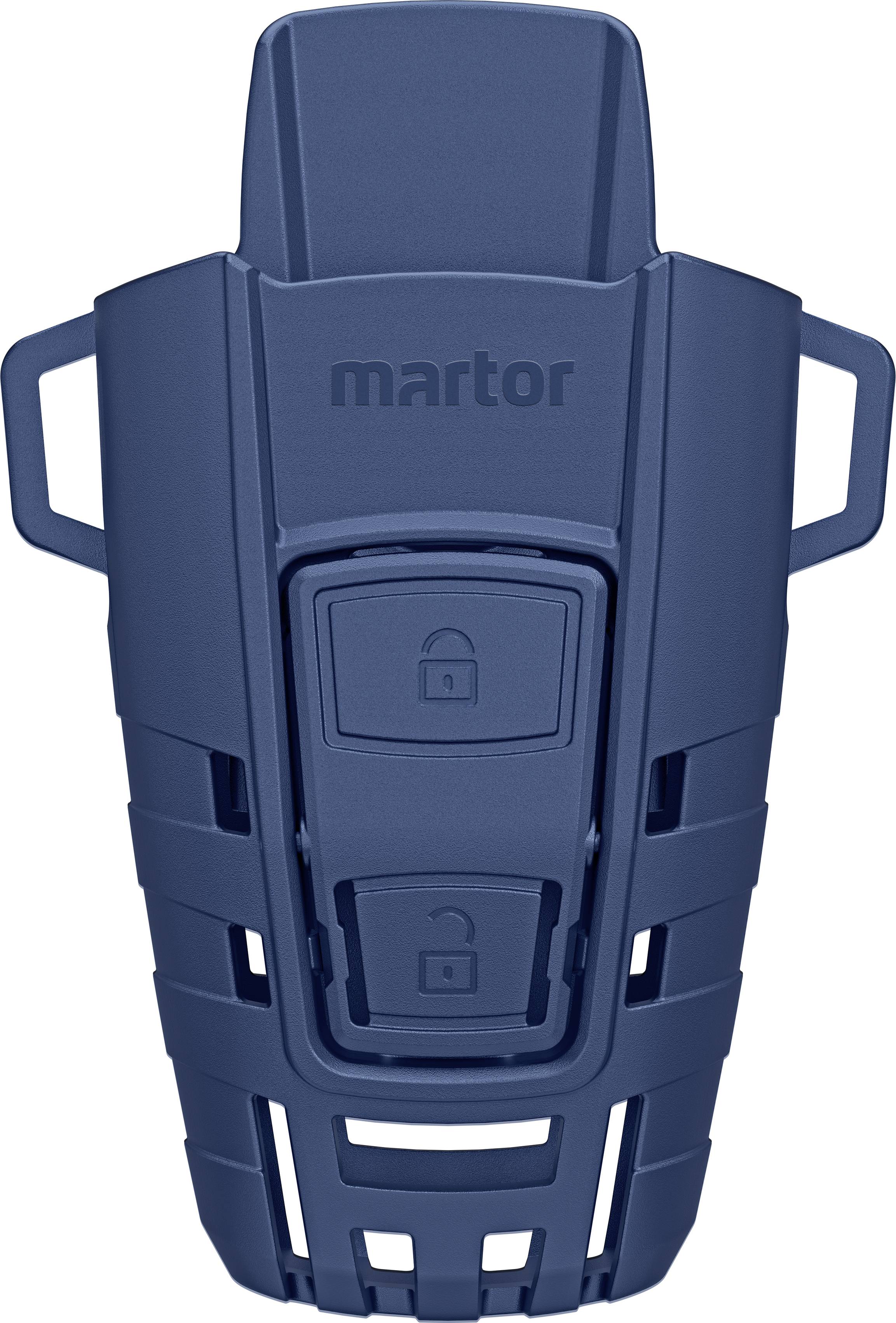 Een blauw veiligheidsmesje met een vergrendelingsfunctie aan de voorkant. 'Martor'-logo zichtbaar.