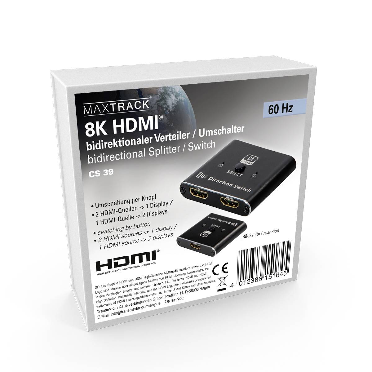 'MAXTRACK 8K HDMI bidirectionele verdeler/schakelaar' verpakking toont een zwart apparaat met twee HDMI-uitgangen, ondersteunt 60 Hz.