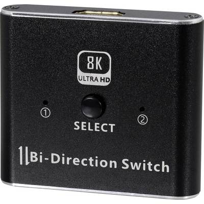 Compacte zwarte 8K Ultra HD bidirectionele HDMI-schakelaar met één selectieknop en twee aansluitnummers.