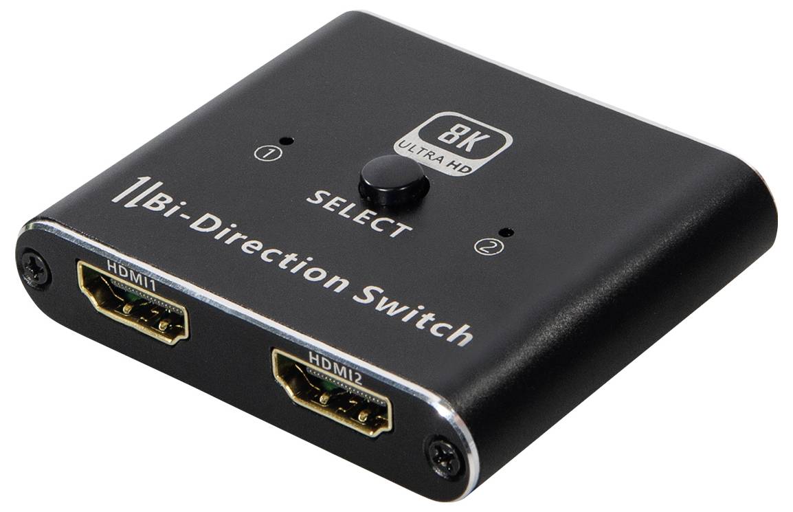 Zwarte HDMI-bi-directionele schakelaar met twee aansluitingen, één toets en '8K Ultra HD'-opschrift, maakt signaalwisseling mogelijk.