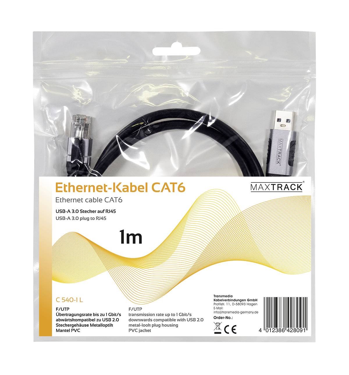 De verpakking toont een CAT6 Ethernet-kabel, lengte 1m, met USB-A 3.0- en RJ45-connectoren. Merknaam 'MAXTRACK'.