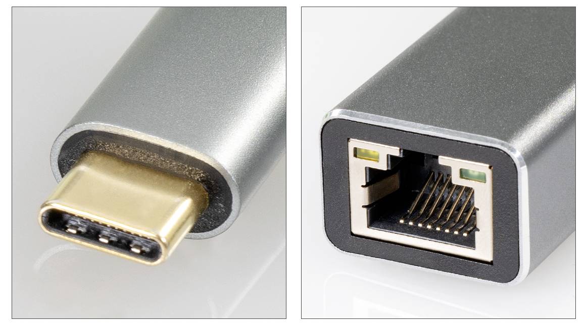 USB-C-stekker en Ethernet-poort van een adapter in een close-upweergave.