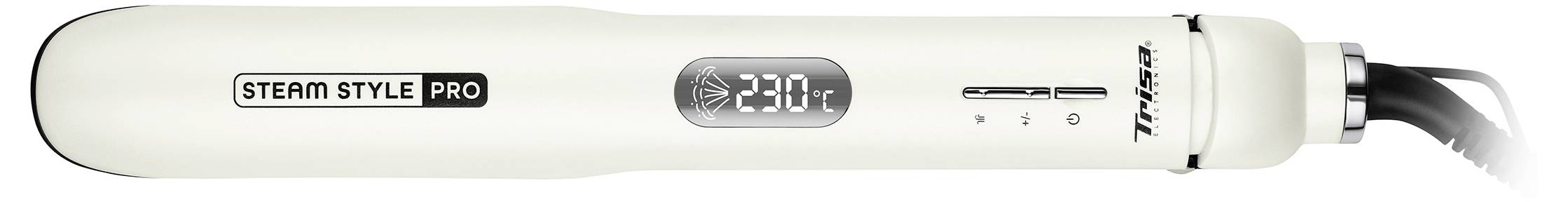 Een wit stijltang met digitale weergave toont '230°C'. Links staat de tekst 'Steam Style Pro'.
