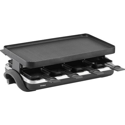 Een tafelgrill met een geribbeld grilloppervlak en meerdere schaaltjes eronder, geschikt voor raclette of grillavonden met meerdere personen.