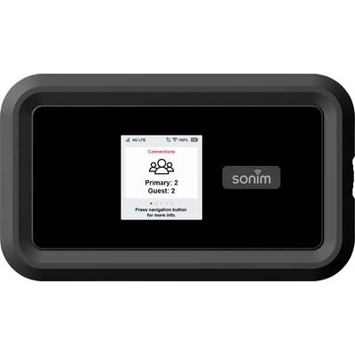 Draagbaar WLAN-apparaat met scherm waarop het aantal verbindingen wordt weergegeven: 'Primair: 2', 'Gast: 2'.