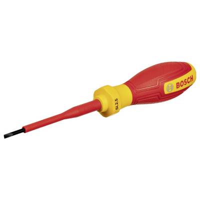 Schroevendraaier met rode handgreep, gele punt en opdruk 'BOSCH'. Geschikt voor sleufschroeven. Maat S1.2 x 5.