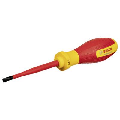 Een rode en gele kruiskopschroevendraaier met het opschrift 'BOSCH Professional' op de handgreep, geschikt voor gereedschapstoepassingen.
