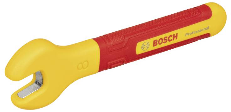 Gele en rode geïsoleerde moersleutel met het opschrift 'BOSCH Professional' op de handgreep, geschikt voor elektrotechnische werkzaamheden.