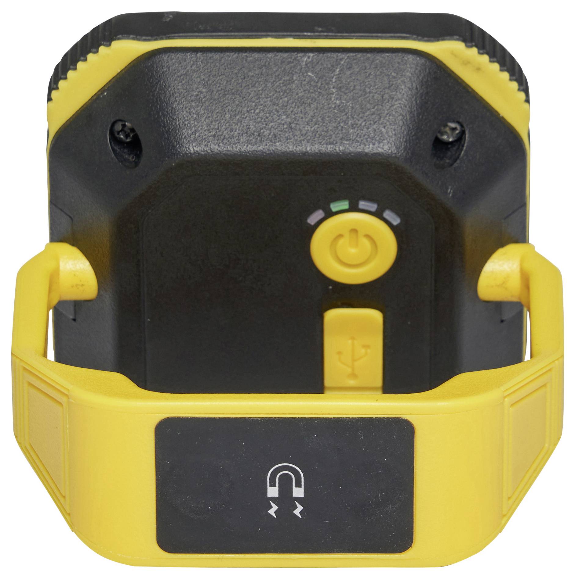 Zwart-geel apparaat met een USB-aansluiting en een magneet-symbool aan de onderkant. Het heeft een gele handgreep en een netschakelaar.