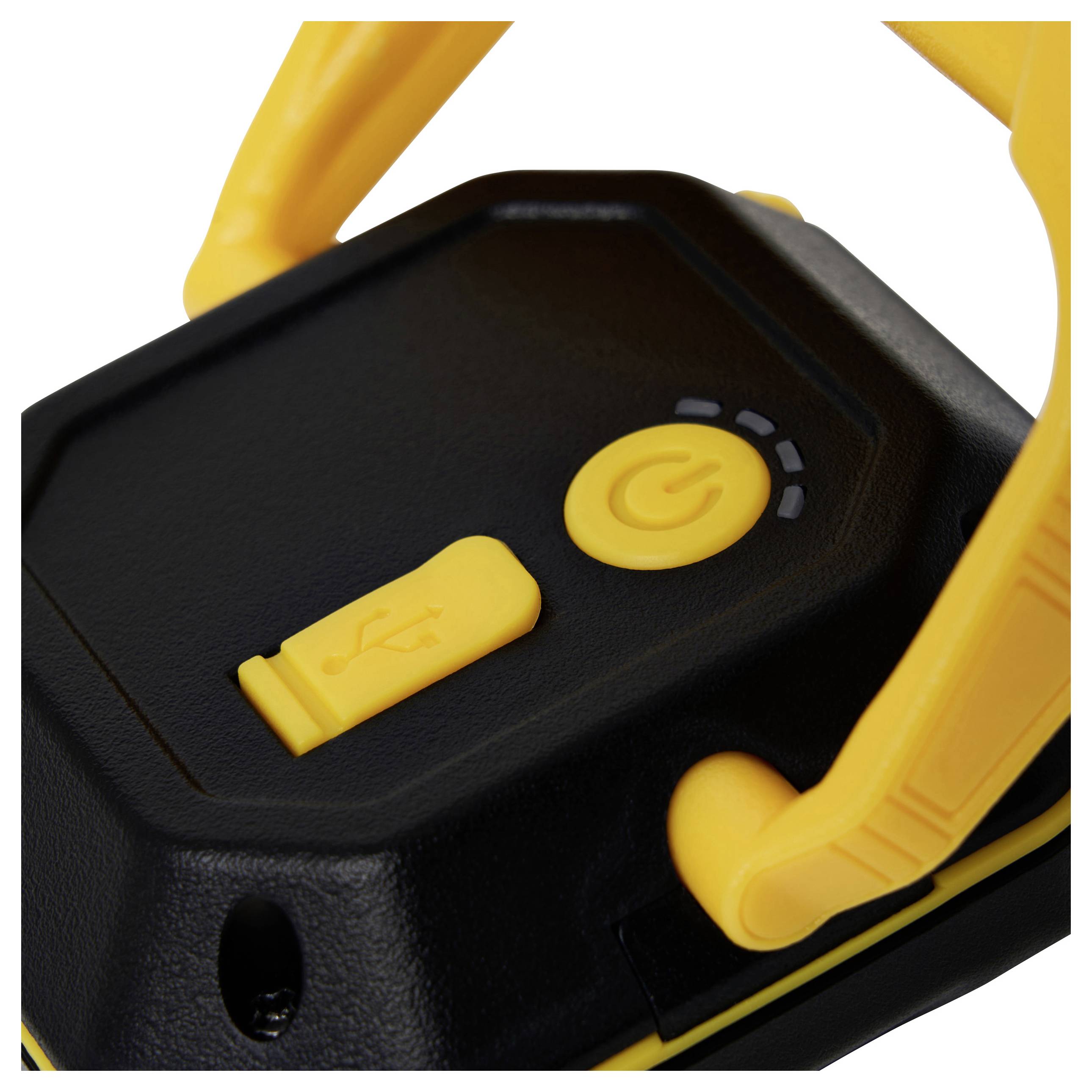 Draagbare, zwarte en gele LED-lamp met USB-aansluiting en aan-/uitschakelaar bovenop, geschikt voor flexibele verlichting onderweg.