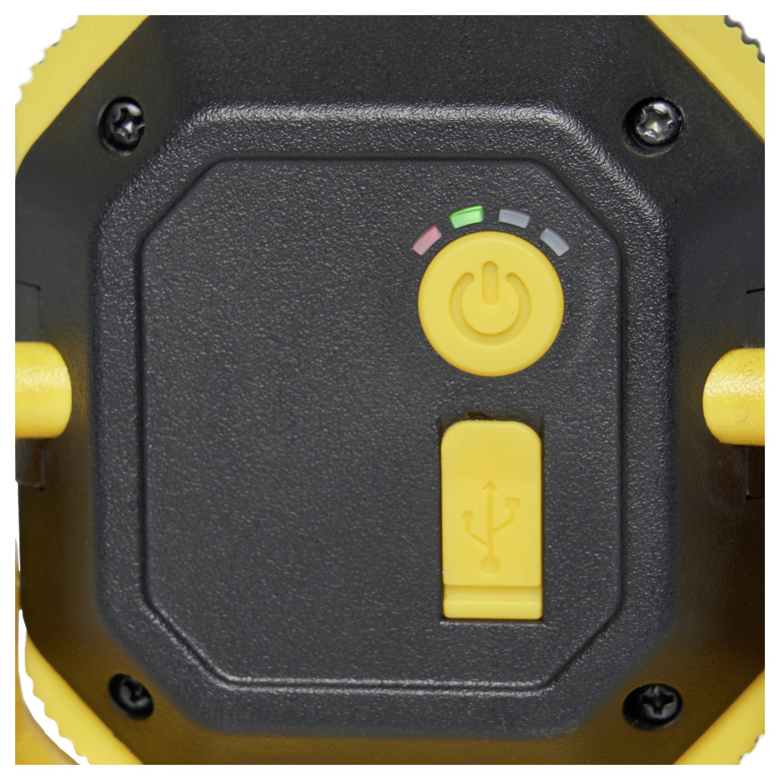 Een gele draagbare LED-lamp met aan-/uitschakelaar, USB-aansluiting en oplaadstatusindicatoren in een robuuste kunststof behuizing.