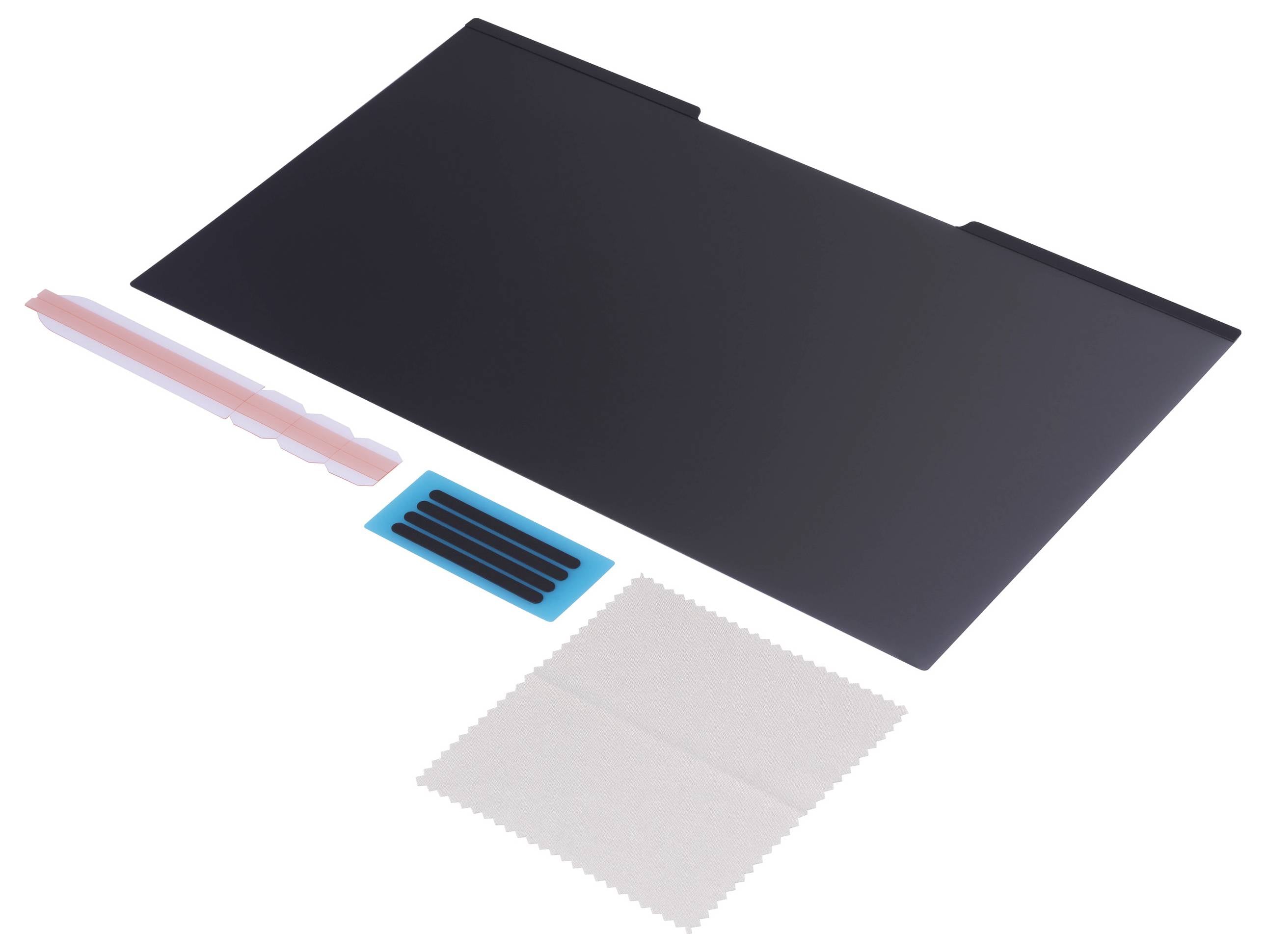 Zwart getinte schermhoes, reinigings- en installatiekit voor laptops, bestaande uit doek, strips en beschermfolie.