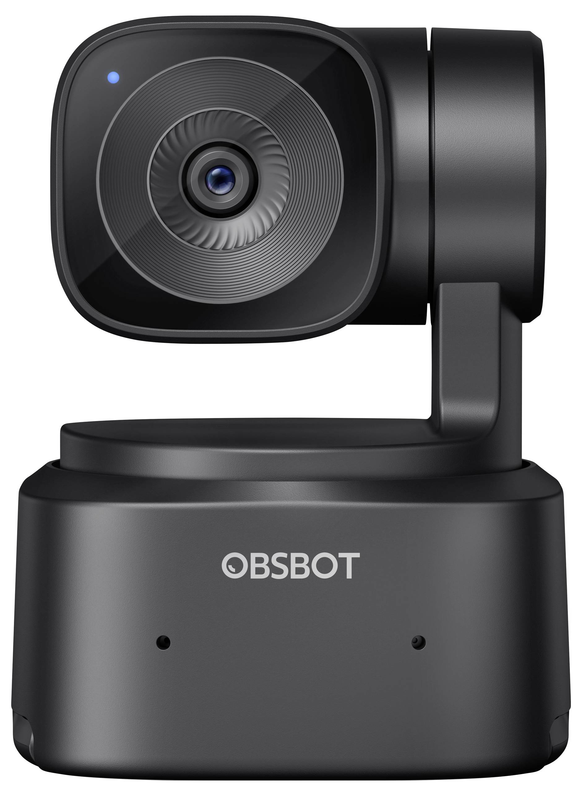 Een zwarte webcam met een opvallend lensontwerp op een draaibare standaard, voorzien van het opschrift 'Obsbot'.