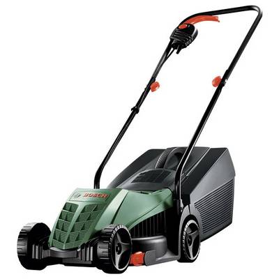 Een groene grasmaaier met zwarte wielen en een rode handgreep, gemarkeerd met 'Bosch'. Geschikt voor kleine tot middelgrote tuinen.