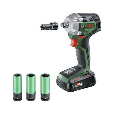 Bosch accuslagschroevendraaier, afgebeeld met drie groene opzetstukken. De schroevendraaier heeft een ergonomisch ontwerp en is draadloos.
